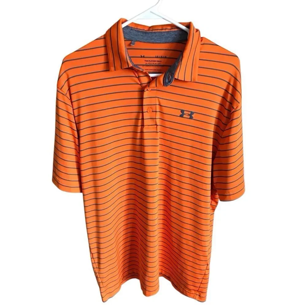 Under Armour heatgear loose golf polo men’s Size Large Orange striped athletic